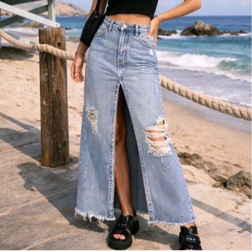 PTCL Womens M Maxi Denim Skirt Front Slit Raw Hem Deconstructed Acid Washed